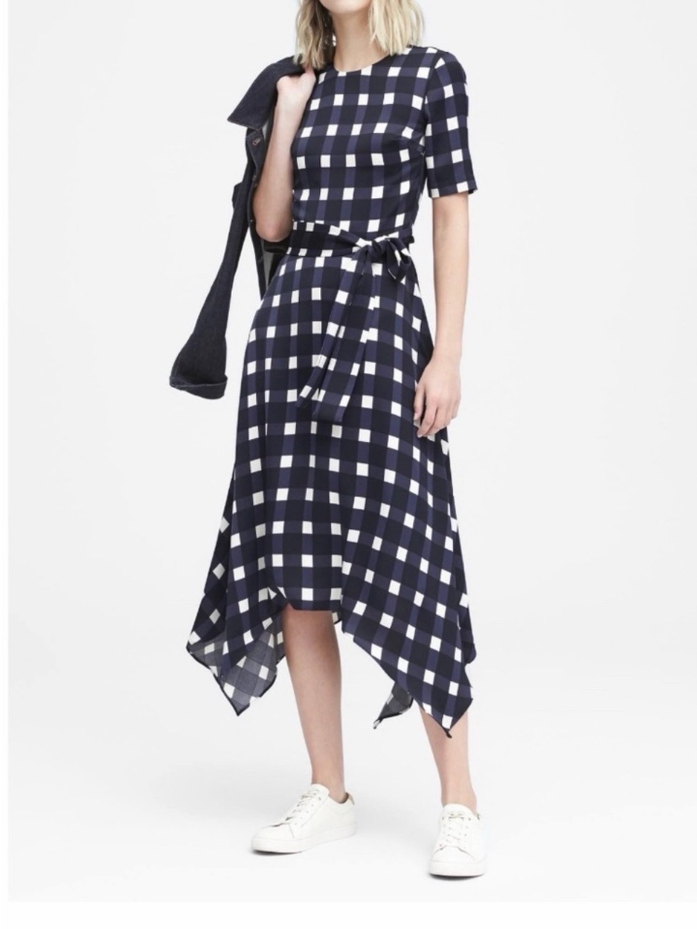 Banana Republic Navy Gingham Asymmetrical Handkerchief Hem Midi SZ 0 B13
